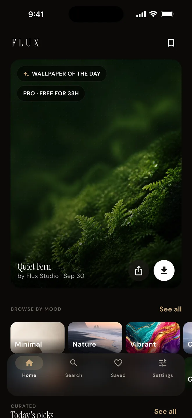 The Flux home tab with the Wallpaper of the Day
